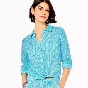 Lilly Pulitzer Sea View Linen Button Down Top Blue Gingham oversized XSmall